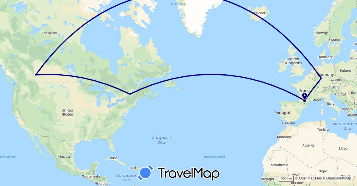TravelMap itinerary: driving in Canada, Germany, France (Europe, North America)